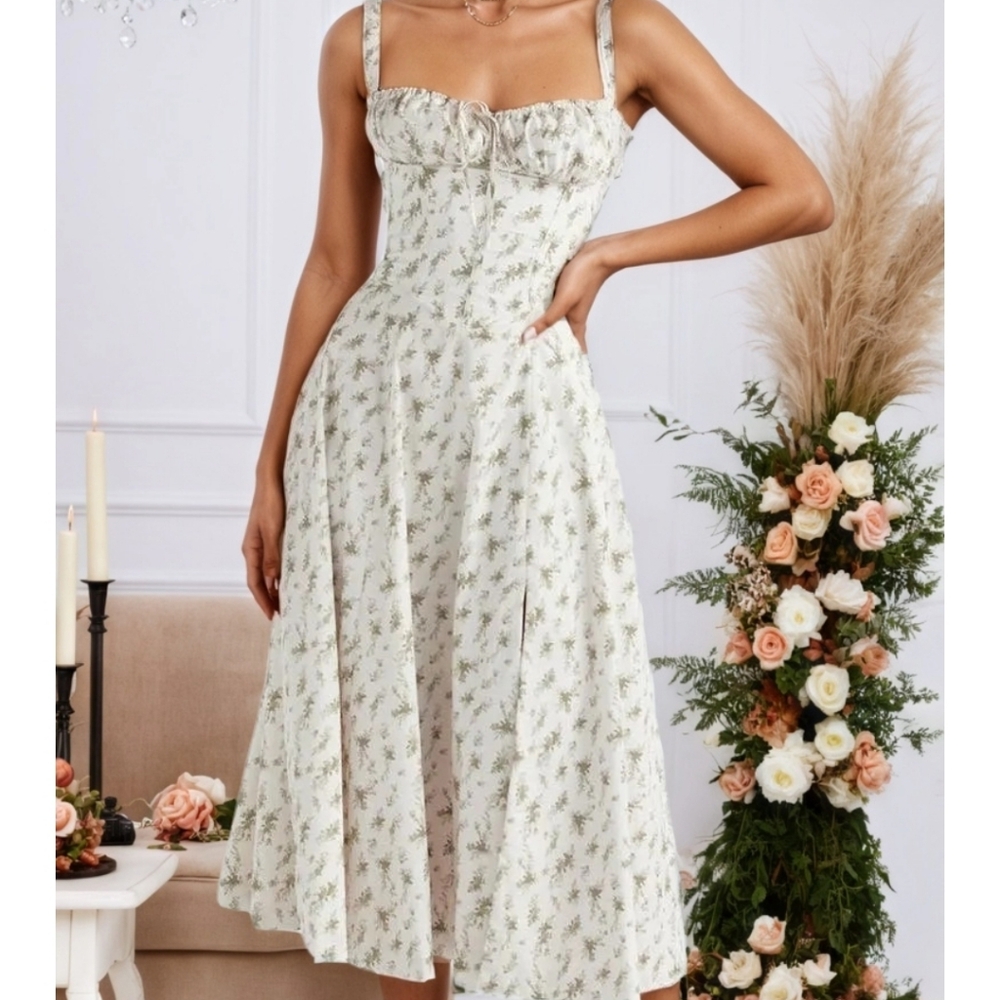 Floral Corset Style Waist Dress-Green